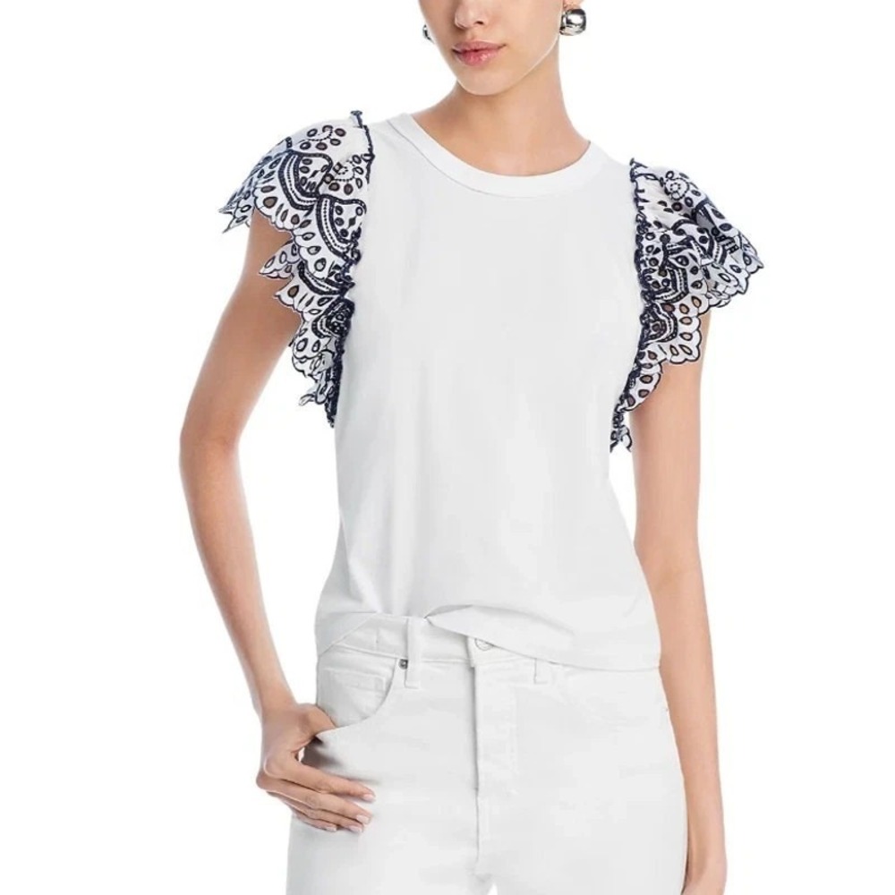 VERONICA BEARD Top Sz S Julianka Eyelet Flutter Sleeve Navy Blue/White